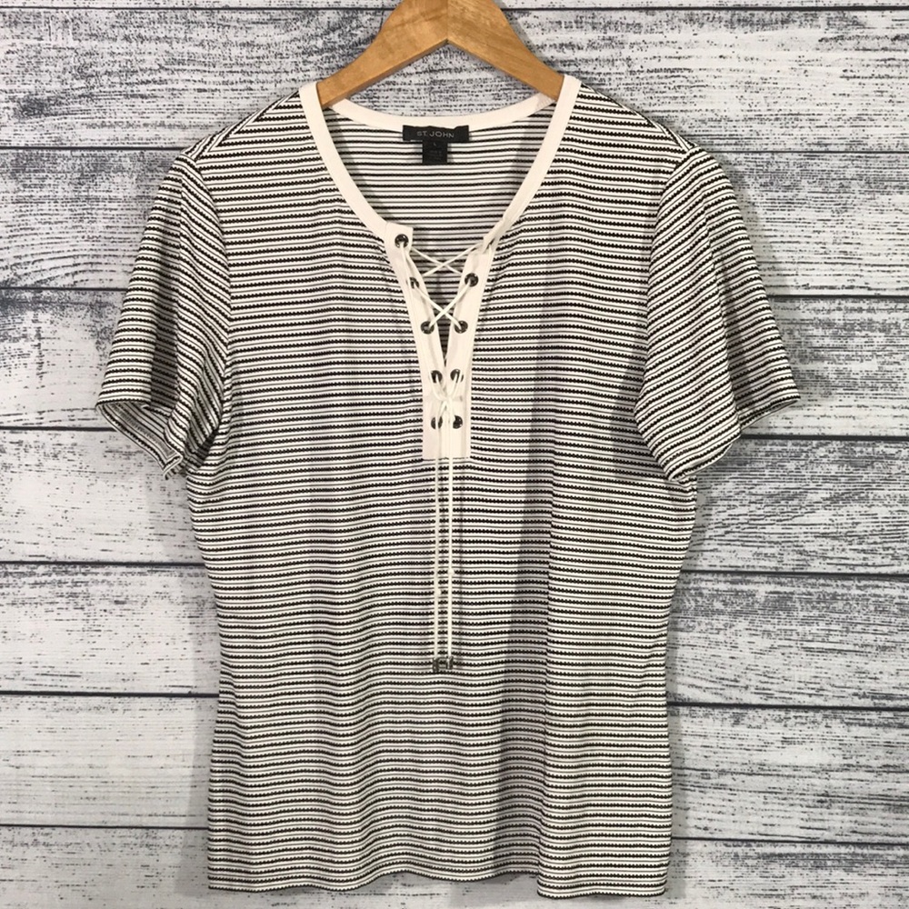 ST.JOHN-Short Sleeve Lace Up Striped Top